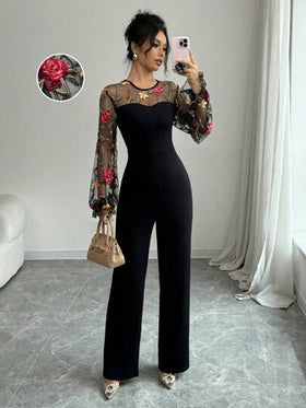 Selianne جمبسوت نسائية أنيقة مطرزة بالزهور على شكل قفص طيور مع أكمام على شكل فانوس