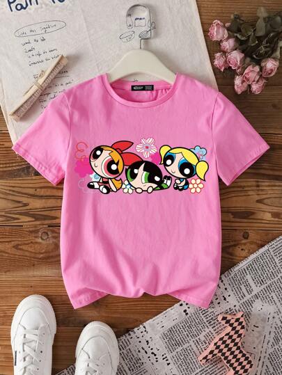 تيشيرتات بناتي THE POWERPUFF GIRLS X  تي شيرت كاجوال للمراهقة بطبعات كرتونية بياقة مستديرة وأكمام قصيرة، صيفية