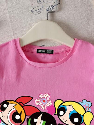 تيشيرتات بناتي THE POWERPUFF GIRLS X  تي شيرت كاجوال للمراهقة بطبعات كرتونية بياقة مستديرة وأكمام قصيرة، صيفية