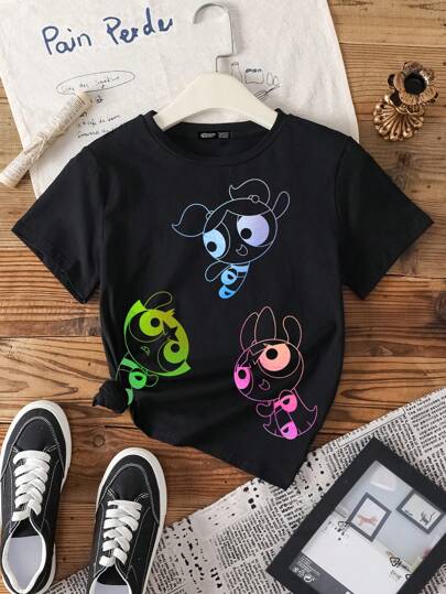ملابس بناتي THE POWERPUFF GIRLS X  تيشيرت قصير الأكمام بياقة مستديرة للفتيات المراهقات بطباعة كرتونية عادية للصيف