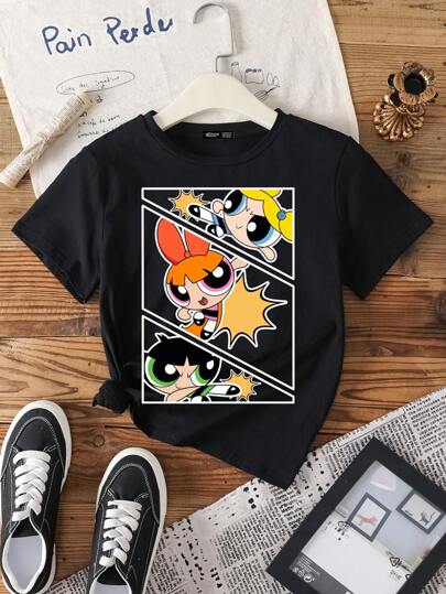 تيشيرتات بناتي THE POWERPUFF GIRLS X  تي شيرت كاجوال بطباعة كرتونية على الرقبة المستديرة وأكمام قصيرة ، صيفي