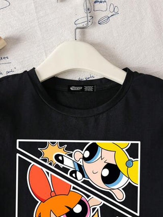 تيشيرتات بناتي THE POWERPUFF GIRLS X  تي شيرت كاجوال بطباعة كرتونية على الرقبة المستديرة وأكمام قصيرة ، صيفي