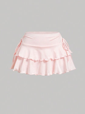 SHEIN MOD تنورة نسائية بخصر قابل للسحب بطيات ذات لون سادة عادية