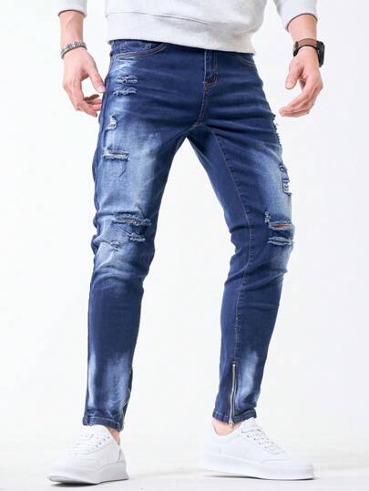 Manfinity Homme جينز رجالي بجيب ممزق بشكل بسيط عادي فائق النحافة ، أزرق داكن خال من الطبعات ضيق مفتول طويل ، للزوج والصديق هدايا
