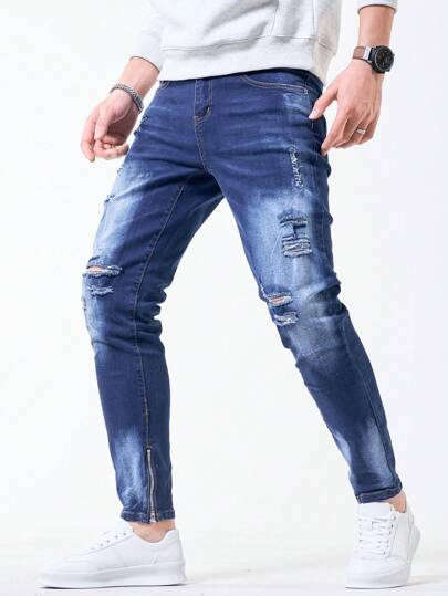 Manfinity Homme جينز رجالي بجيب ممزق بشكل بسيط عادي فائق النحافة ، أزرق داكن خال من الطبعات ضيق مفتول طويل ، للزوج والصديق هدايا