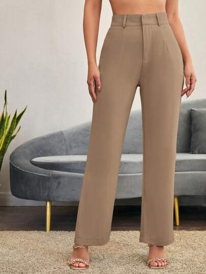 SHEIN LUNE بنطلون كاجوال فضفاض مستقيم ذو خصر عالي مطوي للنساء في فصل الخريف/الشتاء
