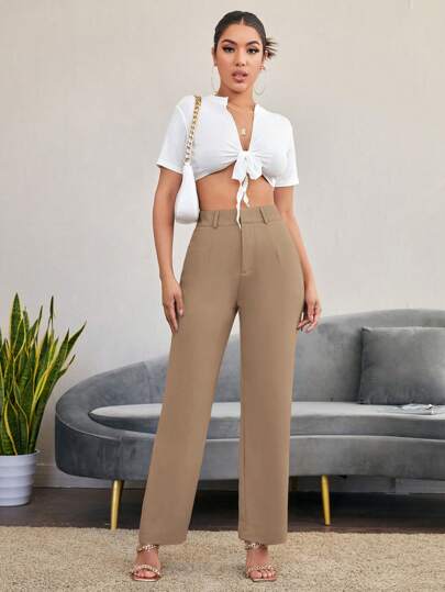SHEIN LUNE بنطلون كاجوال فضفاض مستقيم ذو خصر عالي مطوي للنساء في فصل الخريف/الشتاء