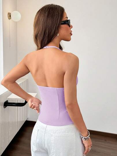 EZwear ملابس علوية كاجوال نسائي مضفر بلون واحد متناسق الحجم بظهر لوولب