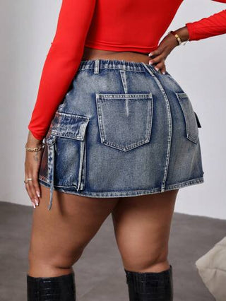 EZwear تنورة جينز قصيرة بأزرار أمامية وجيوب، مقاس كبير، كاجوال