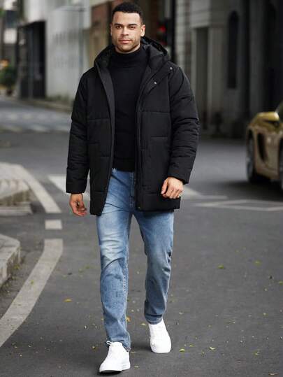 Manfinity Homme معطف مبطن بسحاب وكابور أحادي اللون بأكمام طويلة للرجال ذوي المقاسات الكبيرة، مناسب للخروج في فصل الخريف والشتاء، معطف شتوي دافئ وكاجوال، هدية مناسبة للأصدقاء والزوج والحبيب