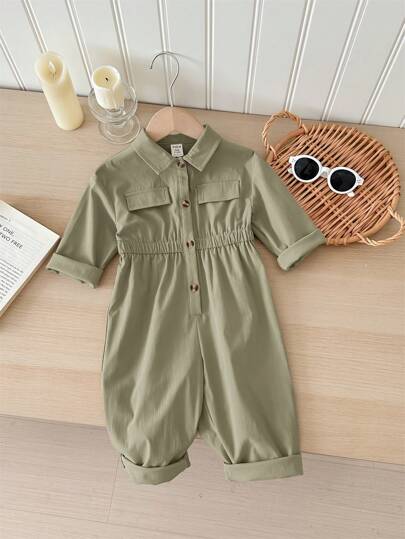 SHEIN LMoss Kids جمبسوت قصيرة الأكمام للأطفال الرضع البنات في فصل الخريف/الشتاء، لون أخضر داكن، تصميم جميل وعملي