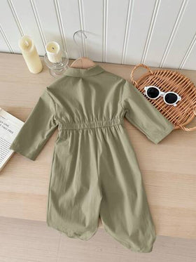 SHEIN LMoss Kids جمبسوت قصيرة الأكمام للأطفال الرضع البنات في فصل الخريف/الشتاء، لون أخضر داكن، تصميم جميل وعملي