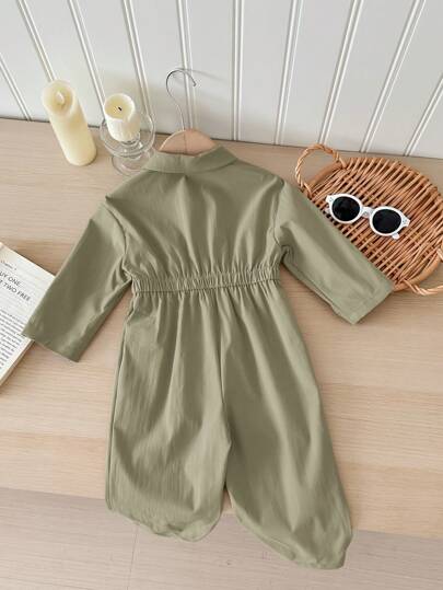 SHEIN LMoss Kids جمبسوت قصيرة الأكمام للأطفال الرضع البنات في فصل الخريف/الشتاء، لون أخضر داكن، تصميم جميل وعملي