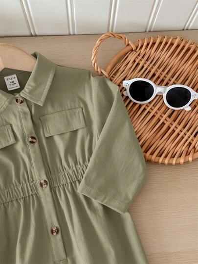 SHEIN LMoss Kids جمبسوت قصيرة الأكمام للأطفال الرضع البنات في فصل الخريف/الشتاء، لون أخضر داكن، تصميم جميل وعملي
