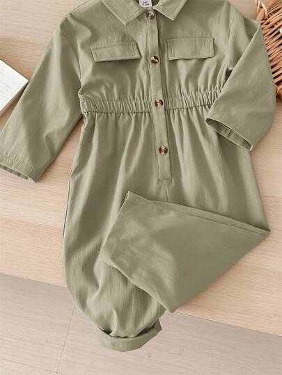 SHEIN LMoss Kids جمبسوت قصيرة الأكمام للأطفال الرضع البنات في فصل الخريف/الشتاء، لون أخضر داكن، تصميم جميل وعملي