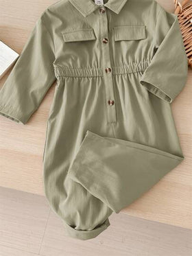 SHEIN LMoss Kids جمبسوت قصيرة الأكمام للأطفال الرضع البنات في فصل الخريف/الشتاء، لون أخضر داكن، تصميم جميل وعملي