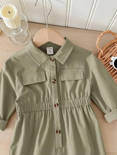 SHEIN LMoss Kids جمبسوت قصيرة الأكمام للأطفال الرضع البنات في فصل الخريف/الشتاء، لون أخضر داكن، تصميم جميل وعملي