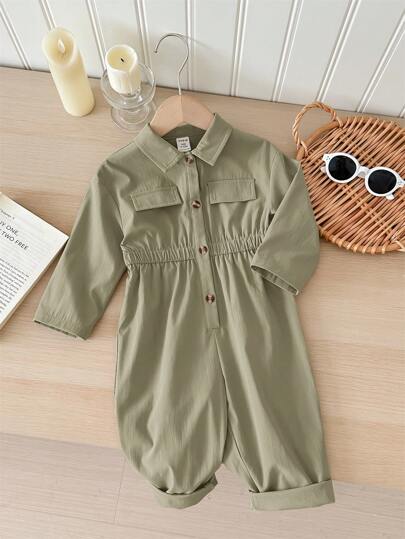 SHEIN LMoss Kids جمبسوت قصيرة الأكمام للأطفال الرضع البنات في فصل الخريف/الشتاء، لون أخضر داكن، تصميم جميل وعملي