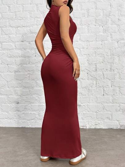 فساتين حريمي EZwear فستان ضيق محبوك باللون البرغندي للنساء