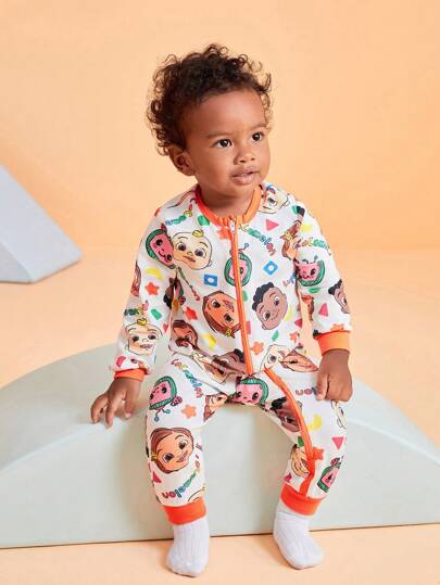 CoComelon X SHEIN جمبسوت كاجوال طويلة الأكمام للأولاد الرضع مطبوعة بنمط البطيخ الأبيض الكاجوال الجميل