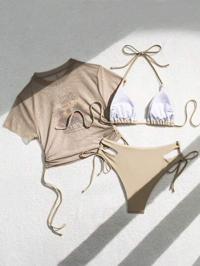 Swim بيكينى بطابع صيفى على شكل طقم بأعلى خطاف وأسفل تقسيم البنطلون، ذو أربطة ظهر مفتوحة وأعلى شفاف مطبوع عليه طباعة بأحرف