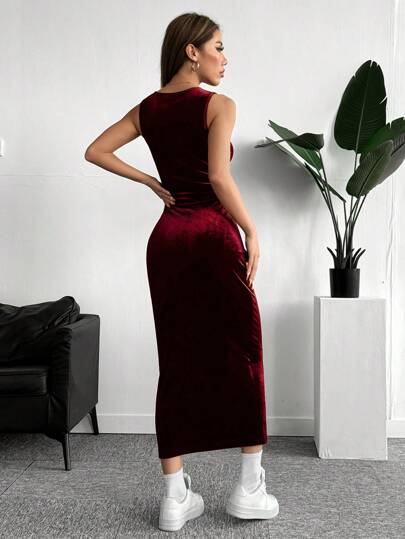 EZwear فستان نسائي ماكسي من القطيفة، بلون أحادي، بياقة مستديرة وبدون أكمام مجعد، أنيق