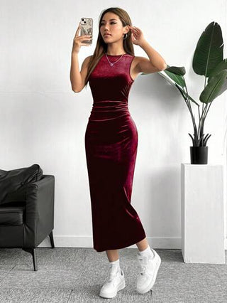 EZwear فستان نسائي ماكسي من القطيفة، بلون أحادي، بياقة مستديرة وبدون أكمام مجعد، أنيق