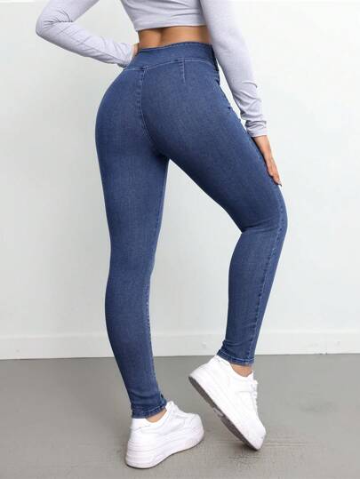 SHEIN بنطال جينز مشد أزرق داكن مطاطي للمراهقات