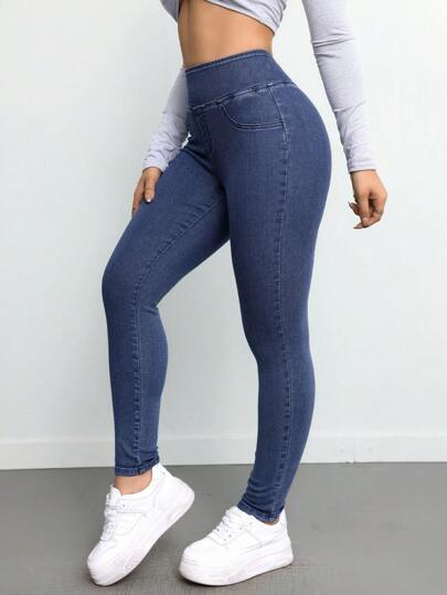 SHEIN بنطال جينز مشد أزرق داكن مطاطي للمراهقات