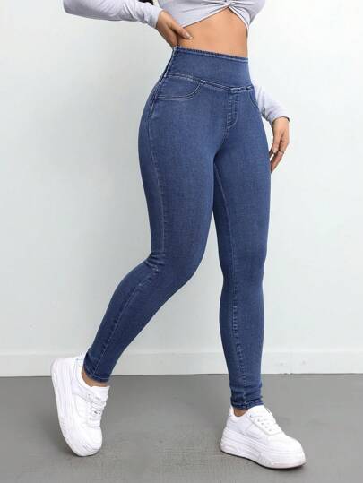 SHEIN بنطال جينز مشد أزرق داكن مطاطي للمراهقات
