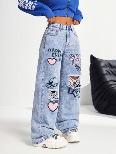 SHEIN PETITE جينز أزرق مطبوع ذو قطع ملابس نسائي عادي واسع الساقين