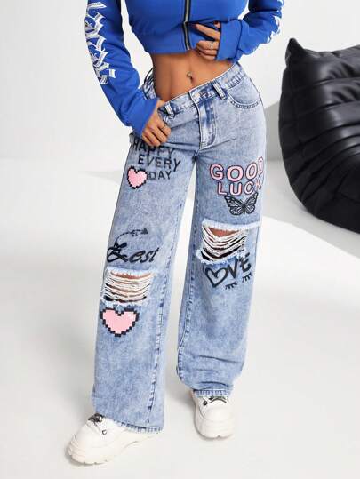 SHEIN PETITE جينز أزرق مطبوع ذو قطع ملابس نسائي عادي واسع الساقين