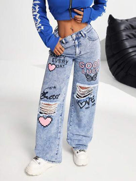 SHEIN PETITE جينز أزرق مطبوع ذو قطع ملابس نسائي عادي واسع الساقين