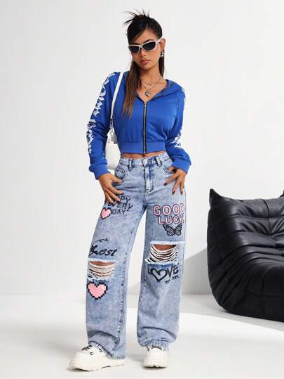 SHEIN PETITE جينز أزرق مطبوع ذو قطع ملابس نسائي عادي واسع الساقين