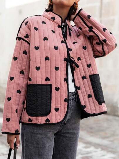 SHEIN VCAY معطف نسائي كاجوال مطبوع بالقلوب، قطعة مرقعة مع جيب أمامي وعقدة، مناسب للخريف والشتاء، مع ربطة أمامية، ملابس نسائية لعيد الميلاد، باللون الوردي، مناسب لرأس السنة والعطلات