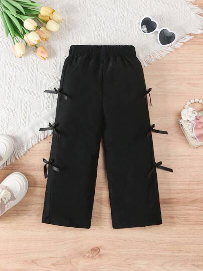 SHEIN Elladie kids سراويل فضفاضة ذات خصر عالي وقدمين واسعتين مع تفاصيل فيونكة، بنطلون كاجوال للربيع والصيف للفتيات