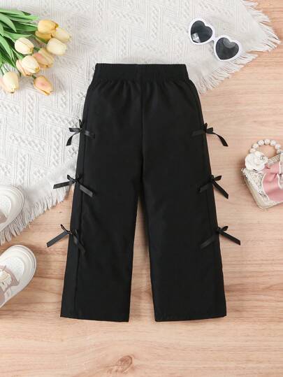 SHEIN Elladie kids سراويل فضفاضة ذات خصر عالي وقدمين واسعتين مع تفاصيل فيونكة، بنطلون كاجوال للربيع والصيف للفتيات