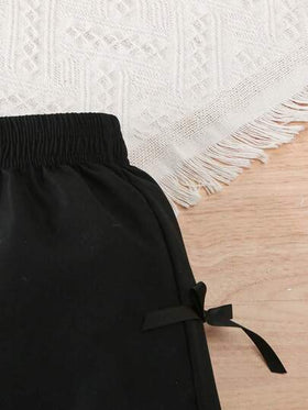 SHEIN Elladie kids سراويل فضفاضة ذات خصر عالي وقدمين واسعتين مع تفاصيل فيونكة، بنطلون كاجوال للربيع والصيف للفتيات