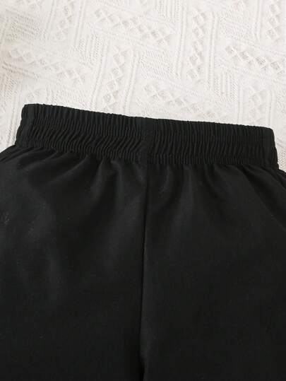 SHEIN Elladie kids سراويل فضفاضة ذات خصر عالي وقدمين واسعتين مع تفاصيل فيونكة، بنطلون كاجوال للربيع والصيف للفتيات