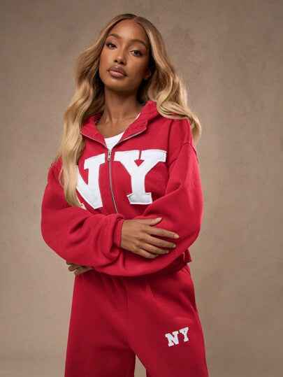 MISSGUIDED بذلة رياضية من نوع الزيب رسمية للجامعات وزي جامعة NY, ملابس رياضية وراحة للخريف والشتاء، بذلة رياضية مريحة للتمارين والرياضة