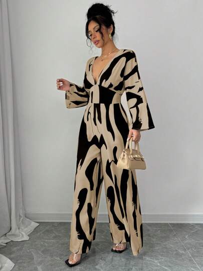 RosyDaze جمبسوت نسائية بفتحة غير متناظرة مطبوعة باللونين الأسود والأبيض، خصر بسحّاب، ساق واسعة، جمبسوت كاجوال مريحة للسفر