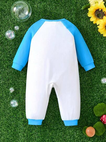 Teletubbies X SHEIN جمبسوت كاجوال عصرية للطفل الصبي بطباعة نجوم ملونة وشخصيات كرتونية، بلون أزرق وأبيض
