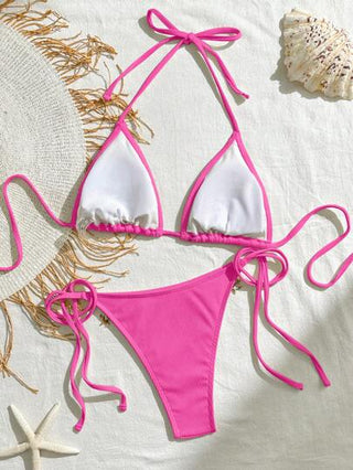 Bikinx طقم بكيني مزين بالشرائط والقذيفة ثلاثي الأضلاع ذو رباط للنساء، ذو موحد اللون، مناسب لشواطئ العطلات الصيفية