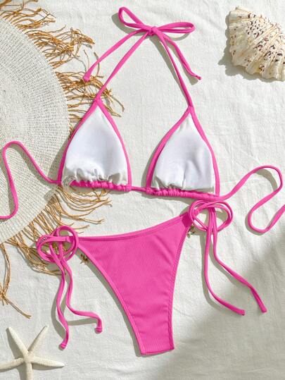 Bikinx طقم بكيني مزين بالشرائط والقذيفة ثلاثي الأضلاع ذو رباط للنساء، ذو موحد اللون، مناسب لشواطئ العطلات الصيفية