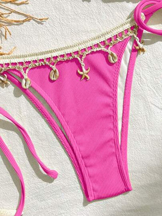 Bikinx طقم بكيني مزين بالشرائط والقذيفة ثلاثي الأضلاع ذو رباط للنساء، ذو موحد اللون، مناسب لشواطئ العطلات الصيفية