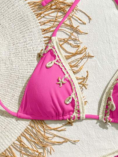 Bikinx طقم بكيني مزين بالشرائط والقذيفة ثلاثي الأضلاع ذو رباط للنساء، ذو موحد اللون، مناسب لشواطئ العطلات الصيفية