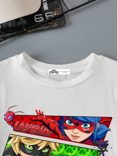 Miraculous Ladybug X SHEIN تي شيرت كاجوال بأكمام قصيرة مع طباعة أشكال كرتونية مناسب للصبي المراهق في الصيف