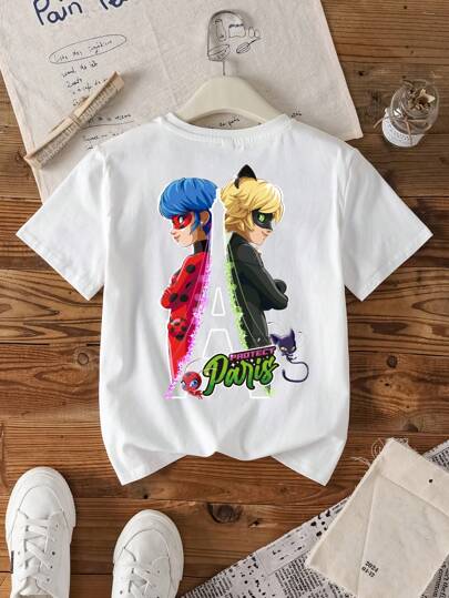تيشيرتات بناتي Miraculous Ladybug X  تي شيرت أبيض قصير الأكمام لفصل الصيف، مع طباعة أحرف وشخصيات كرتونية، مناسب للفتيات في المراهقة المبكرة