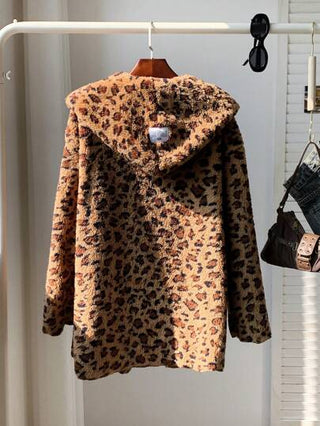 Comfortcana معطف بقلنسوة نمط نمر بني عادي للنساء