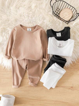 SHEIN 6 قطعة/مجموعة ملابس داخلية للأطفال الصبيان قاعدة طبقة، ملابس علوية رقبة دائرية أكمام طويلة وبنطلون، لون أحادي، فائق اللين والود للبشرة، بدلة نوم
